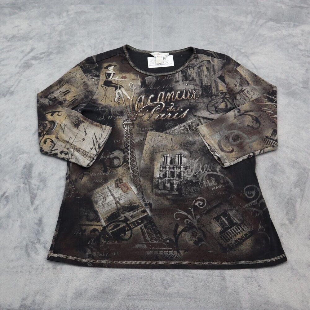 Christopher Banks Shirt Womens L Brown Quarter Sleeve Round Neck Graphic Tee
